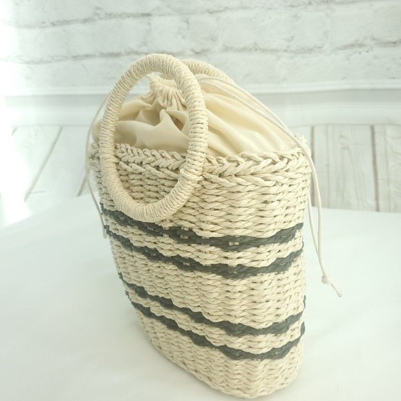 New York & Company Womens Beige Striped Rectangle Wicker Drawstring Handbag - Picture 3 of 13